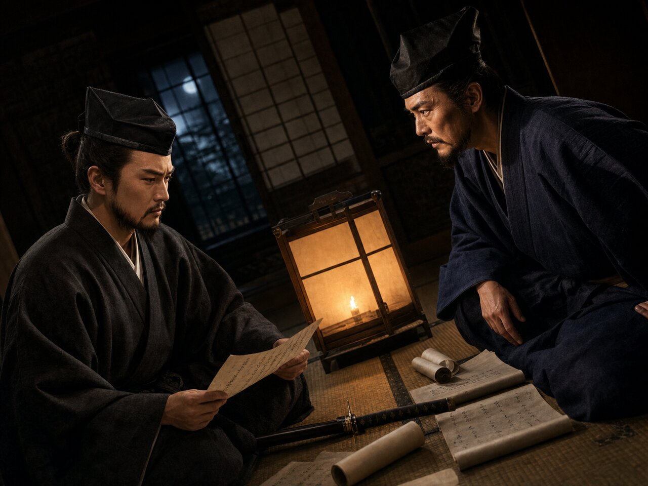 三木城評定の間で離反を決する長治と吉親