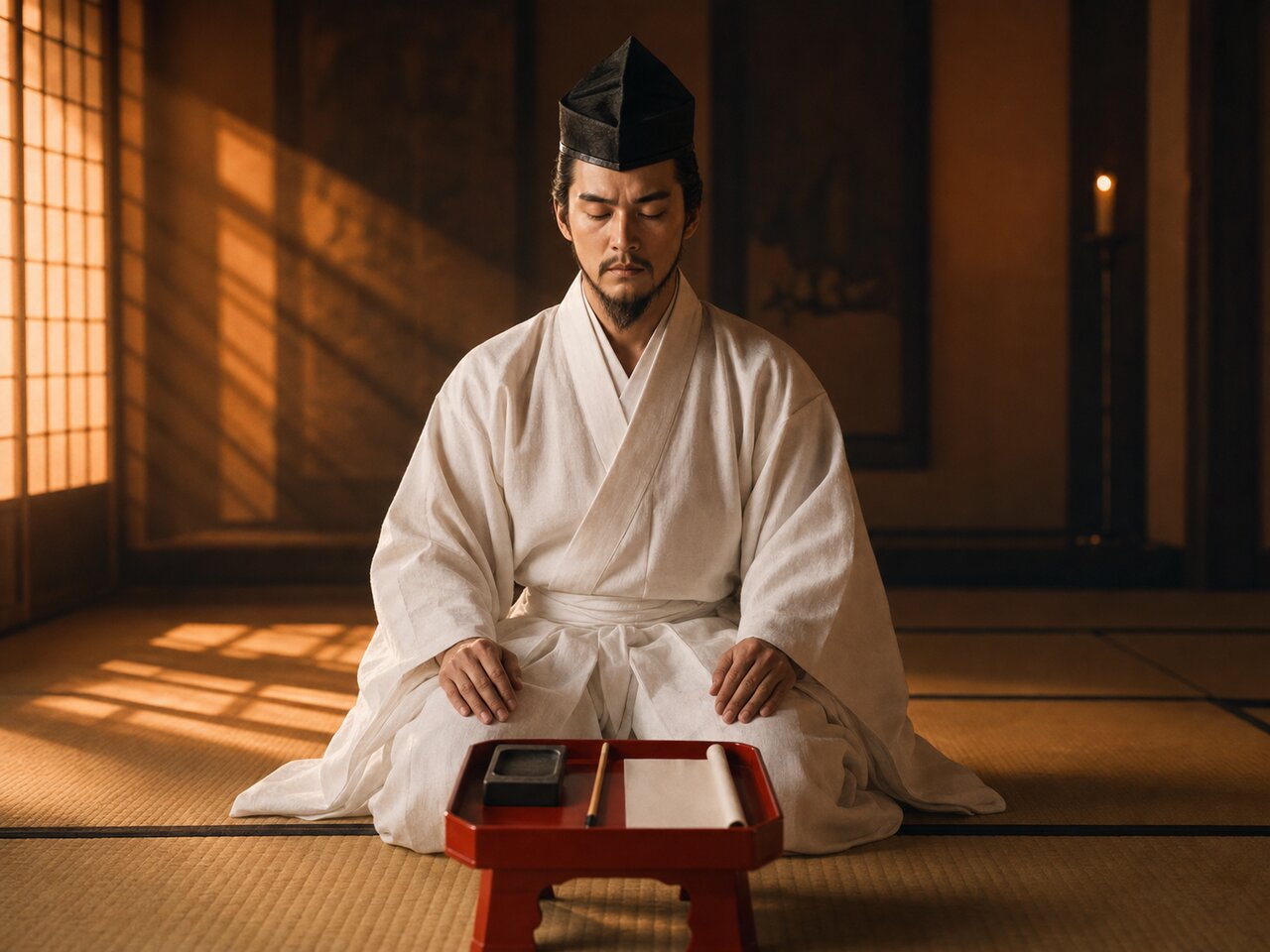 三方と硯と落日の城内・辞世を詠む直前の長治