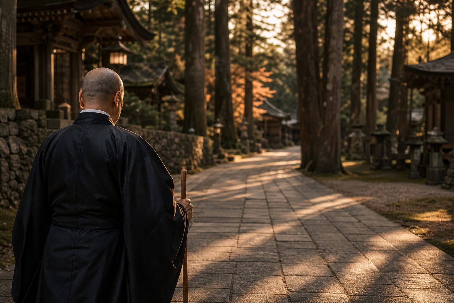 高野山の杉木立に消える僧形の知宣(AI生成イメージ)