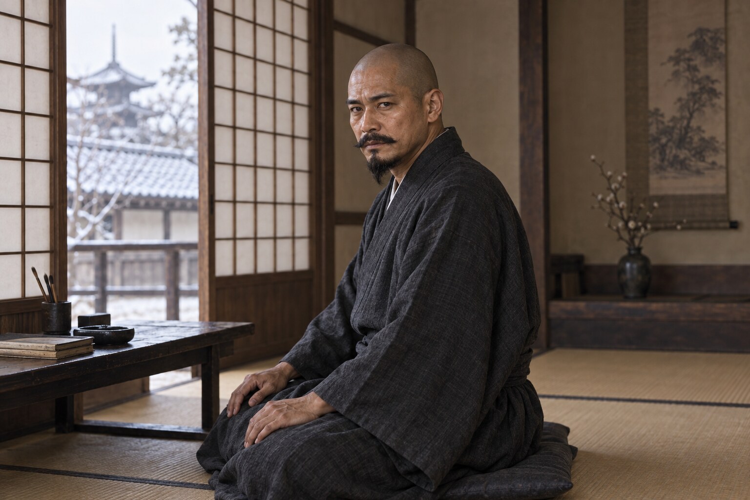 京都で隠棲する盛親を僧形で描いた創作場面(AI生成イメージ)