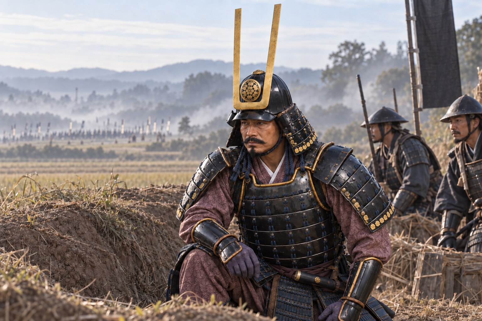 八尾の野戦を前に地形を見る盛親の創作場面(AI生成イメージ)