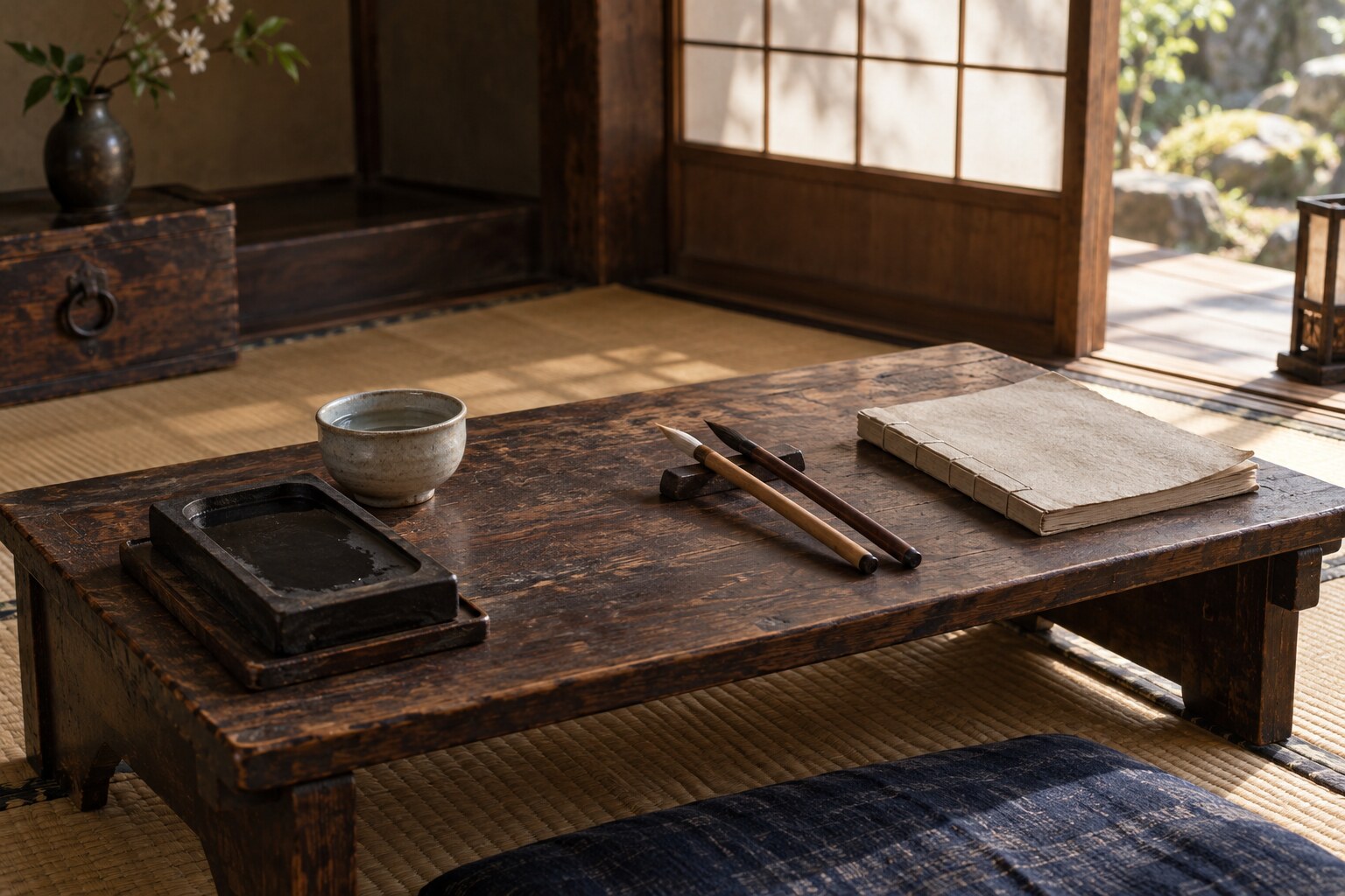 寺子屋伝承を象徴する無人の机。盛親の教室の再現ではない(AI生成イメージ)