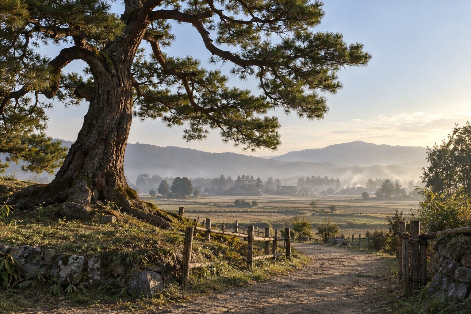 八尾の物見の松伝承をイメージした風景。現存木や旧跡の実景ではない(AI生成イメージ)