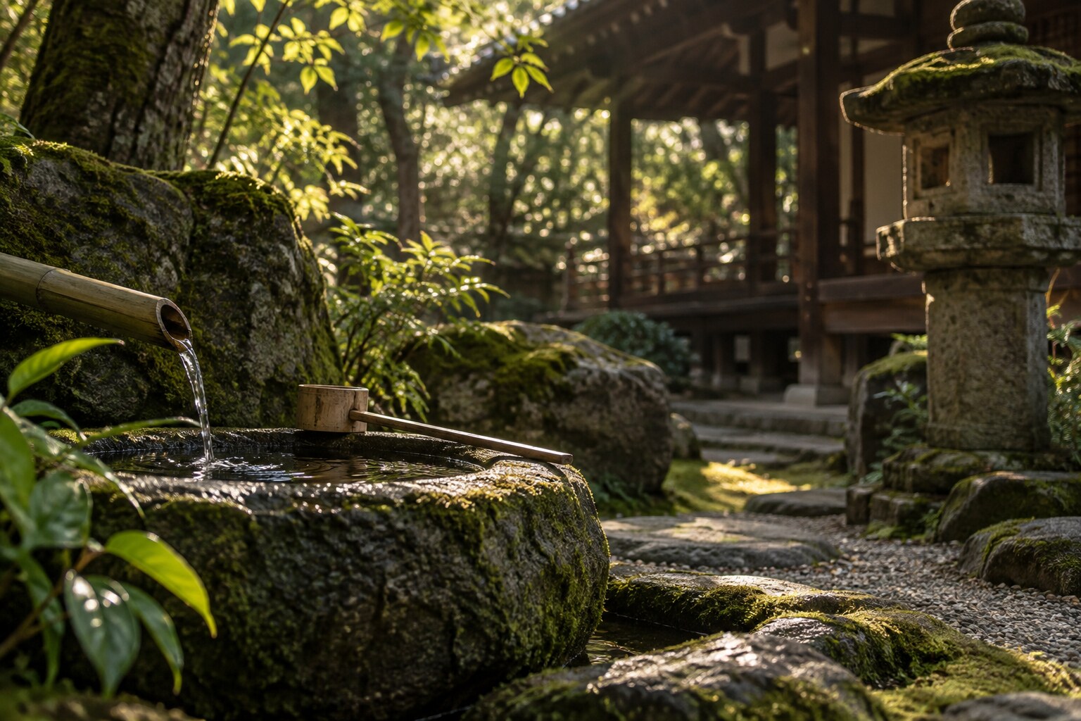 盛親を偲ぶ寺の庭を象徴した創作風景。蓮光寺の実景や墓の再現ではない(AI生成イメージ)