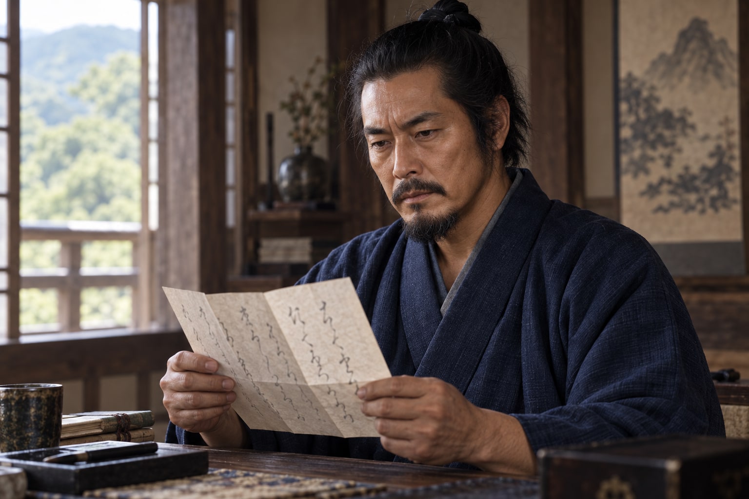 畿内からの書状を読む元親の想像場面(AI生成イメージ)