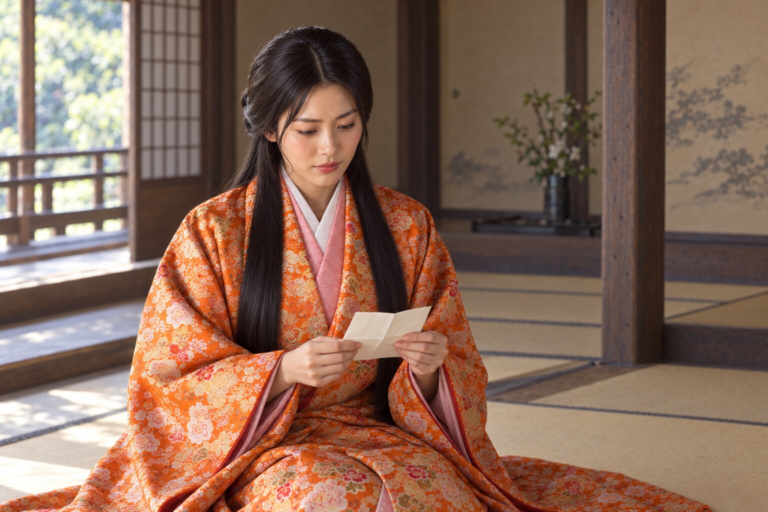 紙を手にする荒木だし。伝わる歌を題材にした想像図で、自筆史料の再現ではない(AI生成)(AI生成イメージ)
