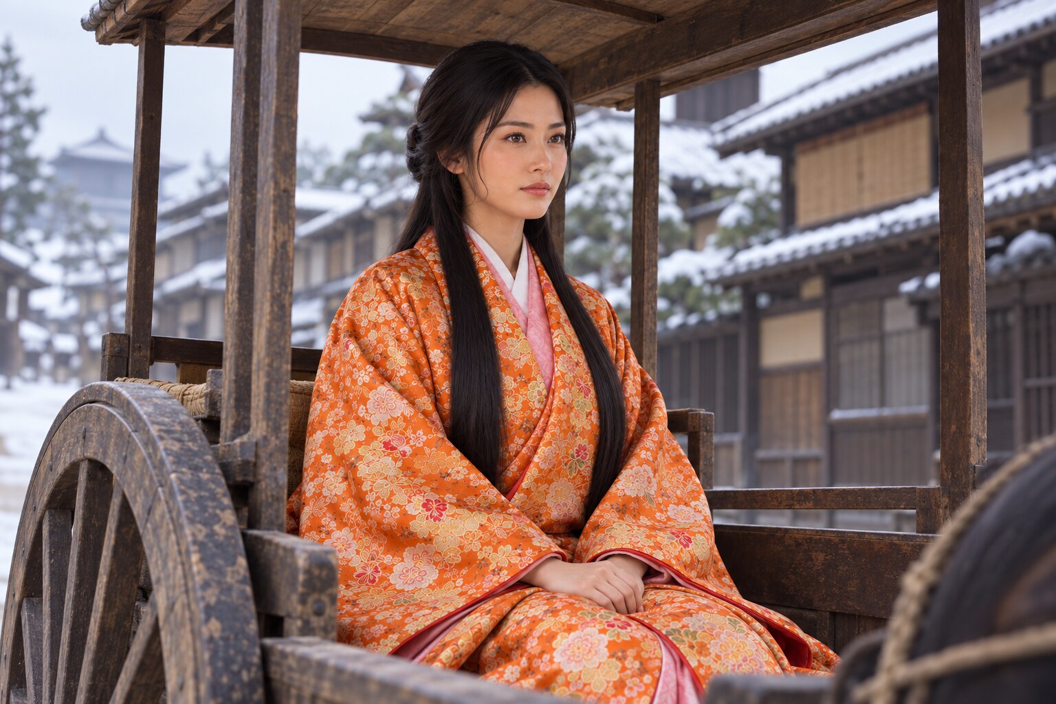 冬の京を移送される荒木だしの想像図。車や天候の厳密な復元ではない(AI生成)(AI生成イメージ)