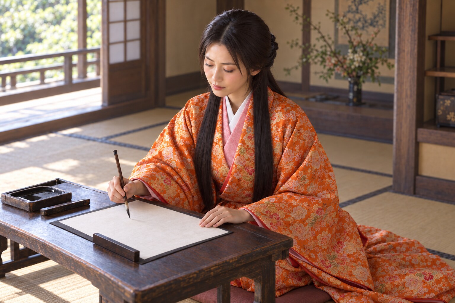 文机に向かう荒木だし。歌から着想した想像図で、自筆の制作場面を実証するものではない(AI生成)(AI生成イメージ)