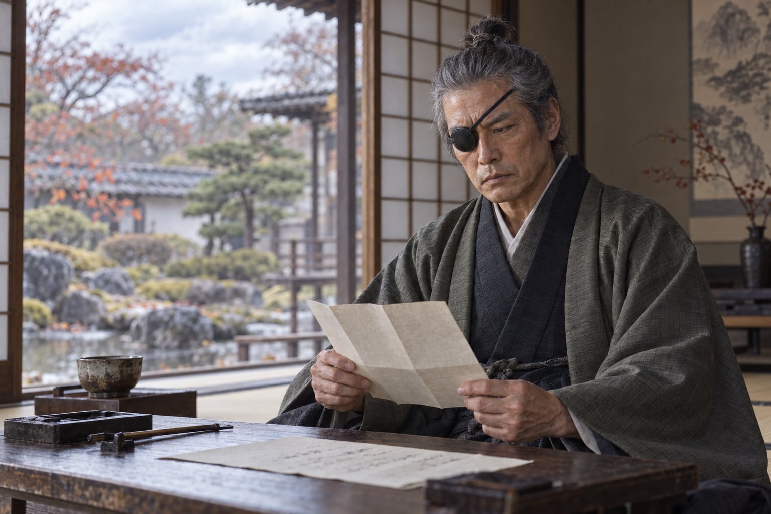 静かな書院で文書に目を通す晩年の政宗の創作イメージ（AI生成イメージ）