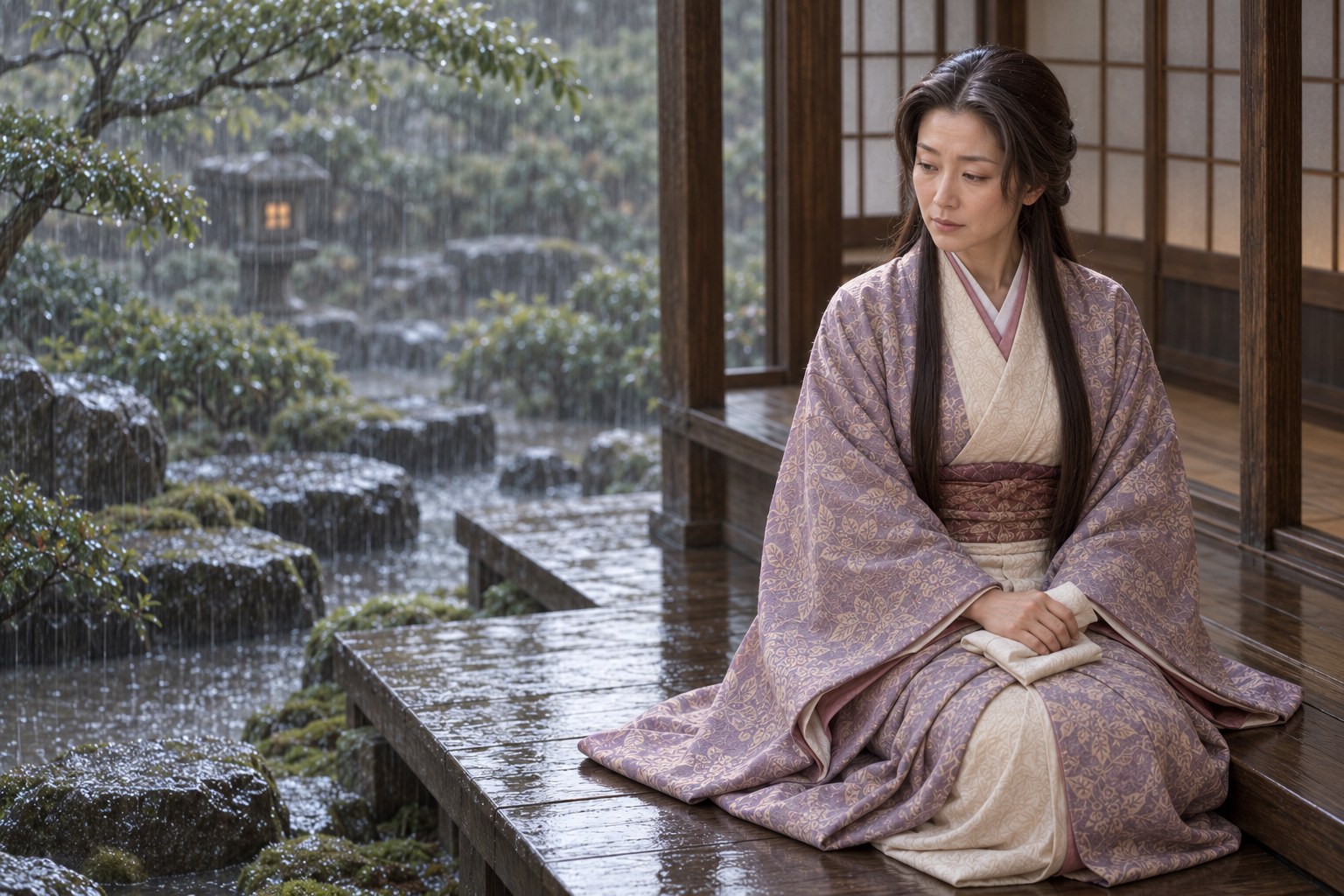 雨の庭を前に静かに座る土田御前の想像復元。信勝の死を受けた心情や身ぶりを記録したものではない(AI生成イメージ)