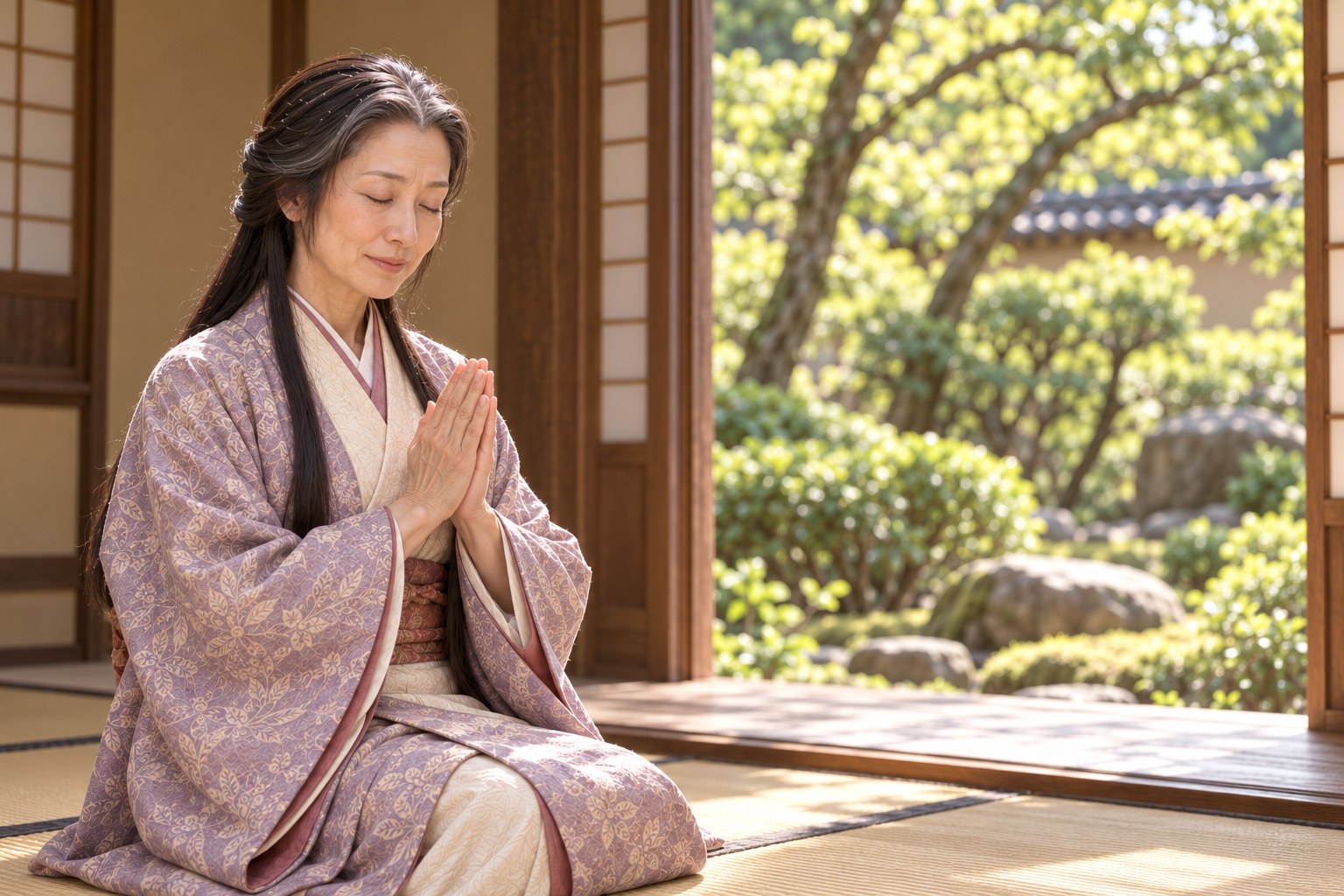 静かに手を合わせる晩年の土田御前の想像復元。病状や最期の様子を再現したものではない(AI生成イメージ)