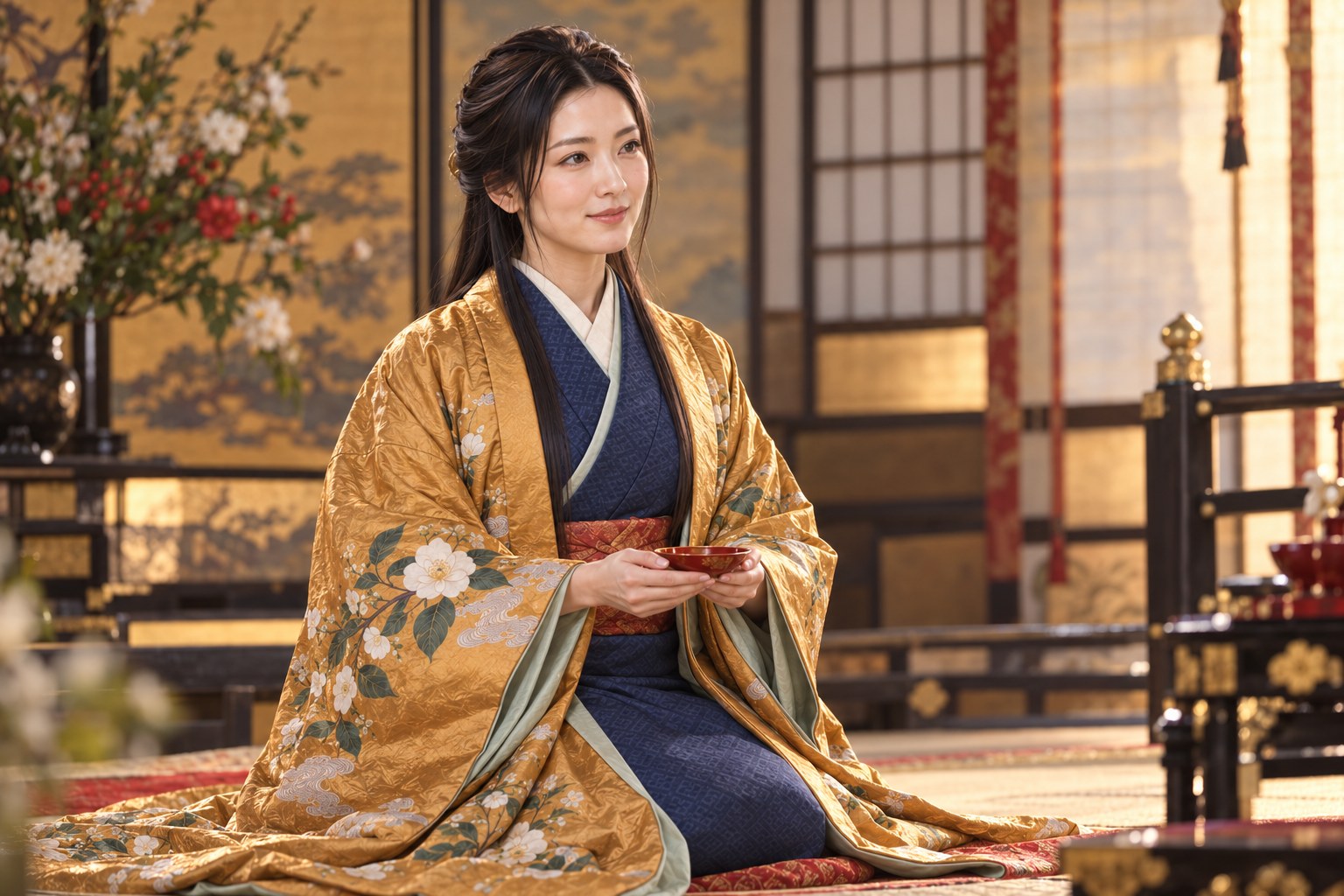 婚姻期の栄姫を描いた想像場面(AI生成。盃・衣装・婚礼の進行は史料に基づく再現ではない)(AI生成イメージ)