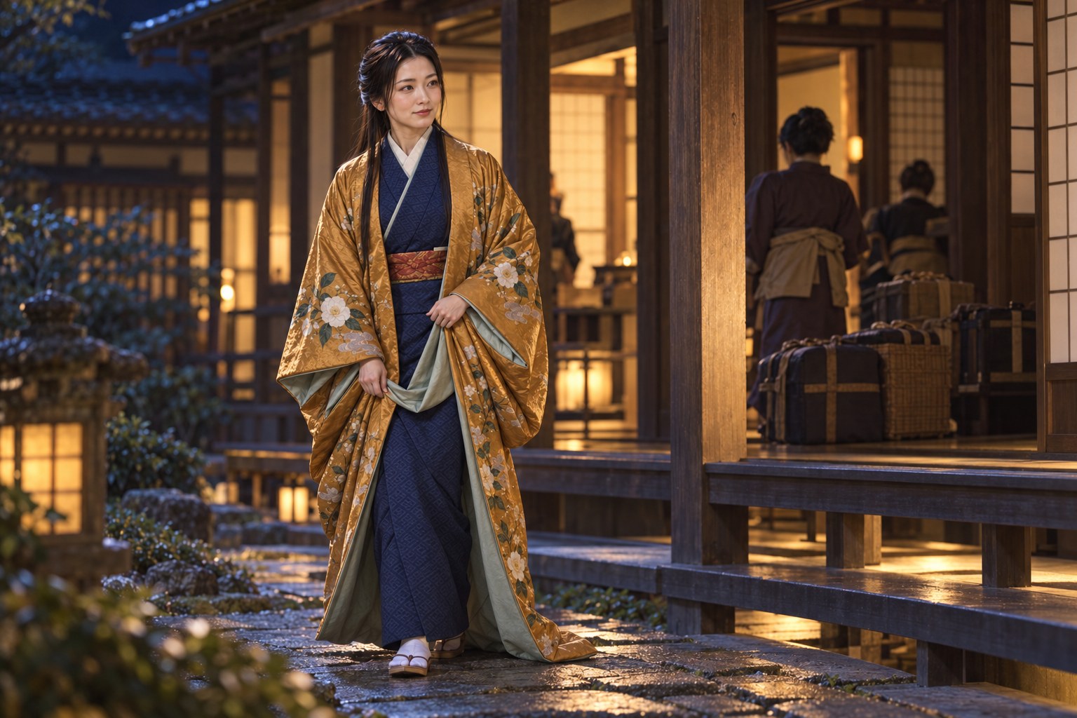 大坂を離れる時期の栄姫の想像場面(AI生成。夜間の廊下は演出で、実際の脱出経路ではない)(AI生成イメージ)