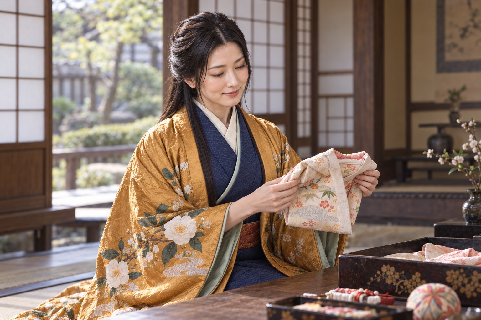 子供の衣を手にする栄姫の想像場面(AI生成。特定の育児行動を示す史料はない)(AI生成イメージ)