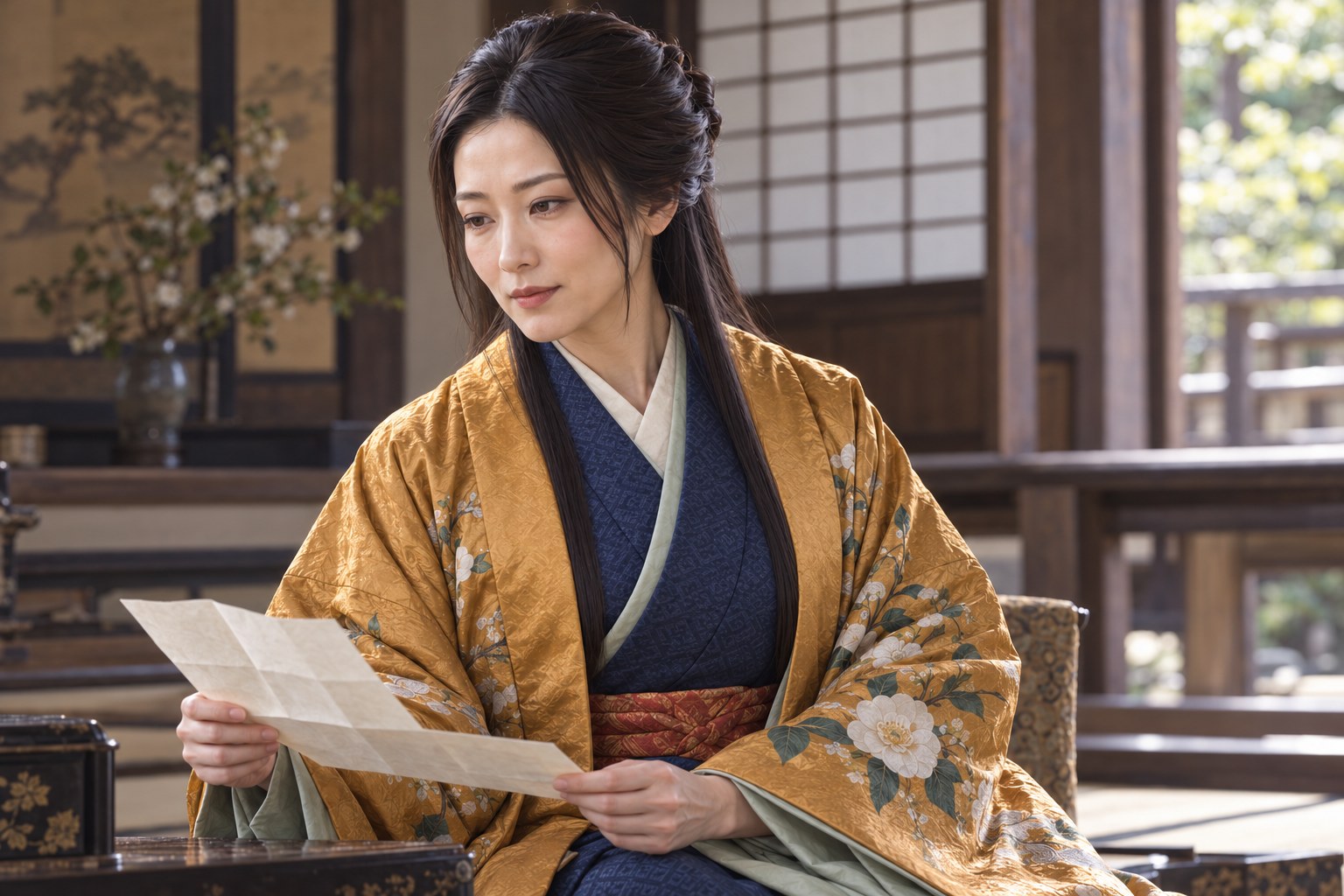 書状に目を落とす中年期の栄姫の想像場面(AI生成。年齢・文面・受取時の表情は創作)(AI生成イメージ)