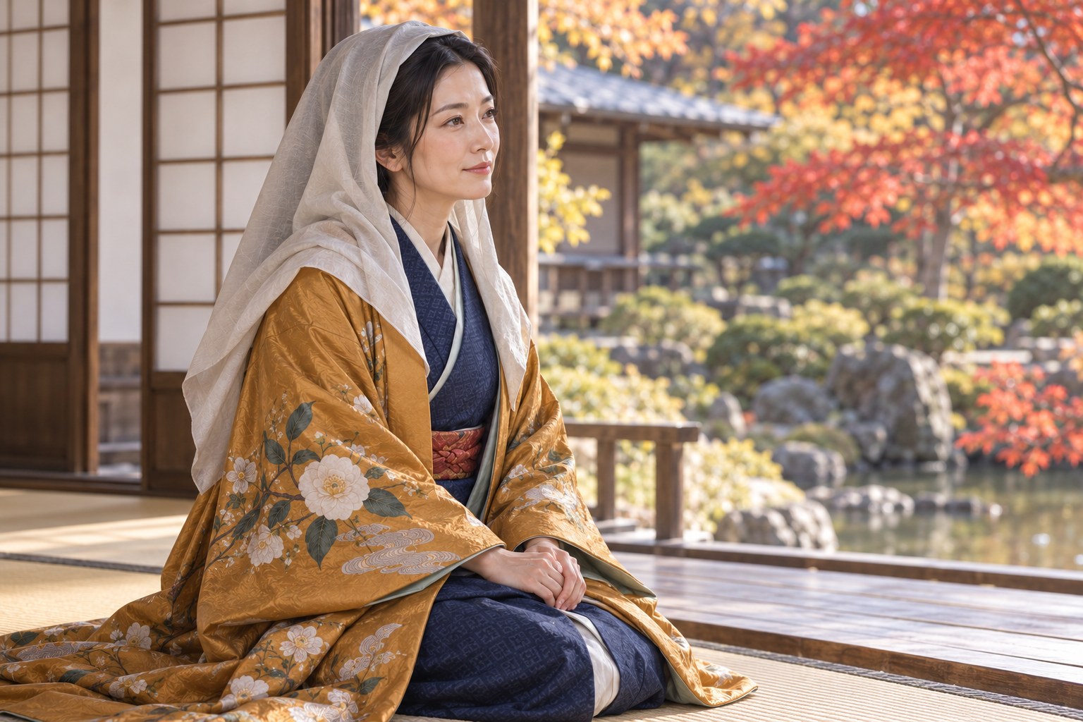 晩年の大凉院を描いた想像復元(AI生成。容貌・年齢・頭巾は史実の確定ではない)(AI生成イメージ)