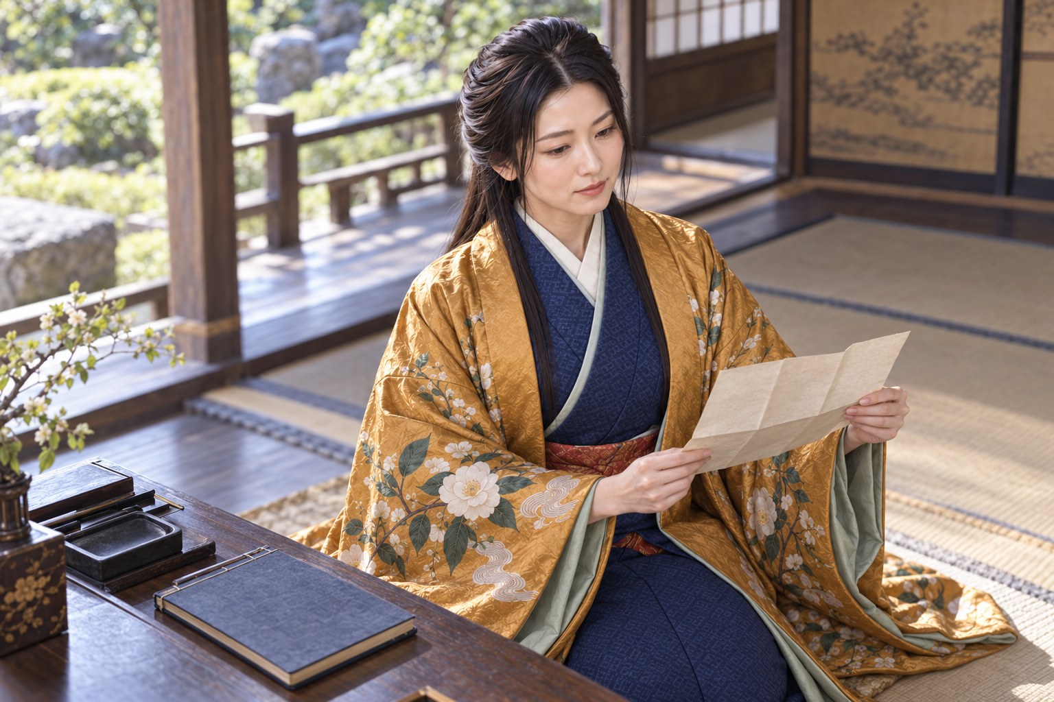 文書を確かめる大凉院の想像場面(AI生成。紙面は実在史料の複製ではない)(AI生成イメージ)