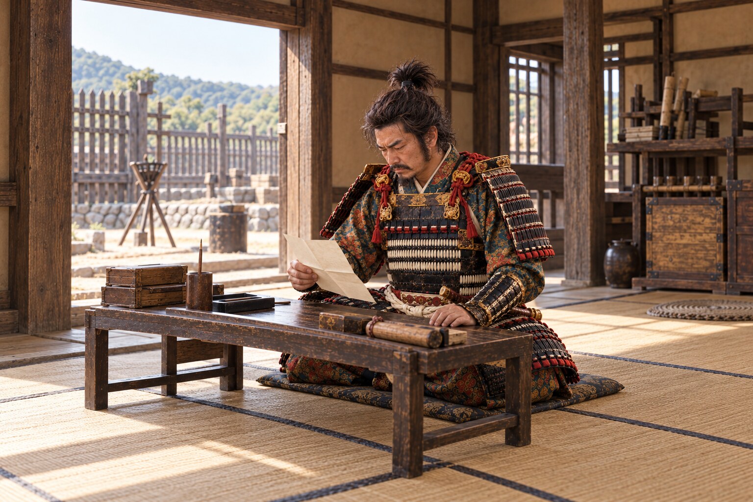 小谷の屋敷で文書に目を通す直経の想像図（AI生成イメージ）
