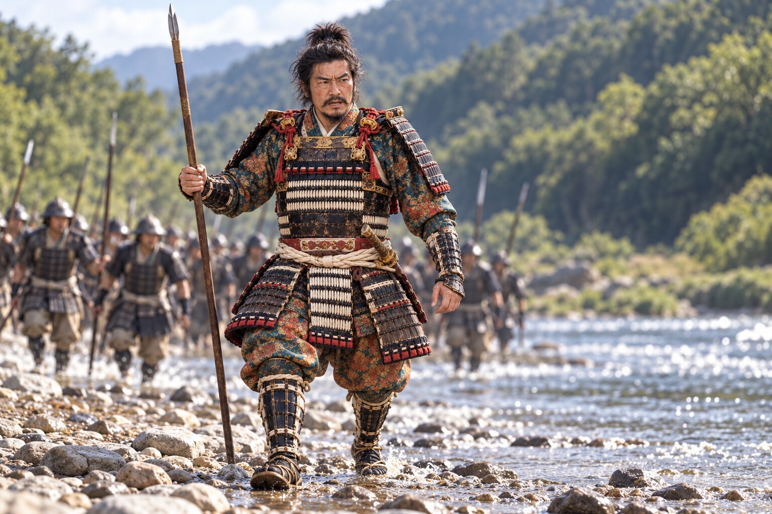 姉川の戦場を思わせる川辺を進む直経の想像図（AI生成イメージ）