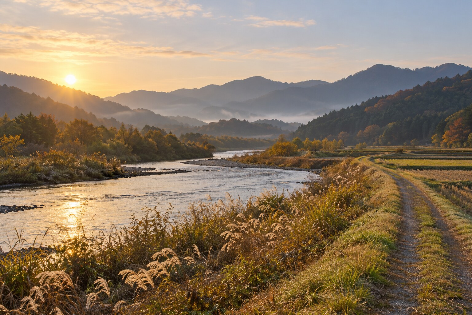 北近江の記憶を題材とした川辺の想像風景。現地写真ではない（AI生成イメージ）