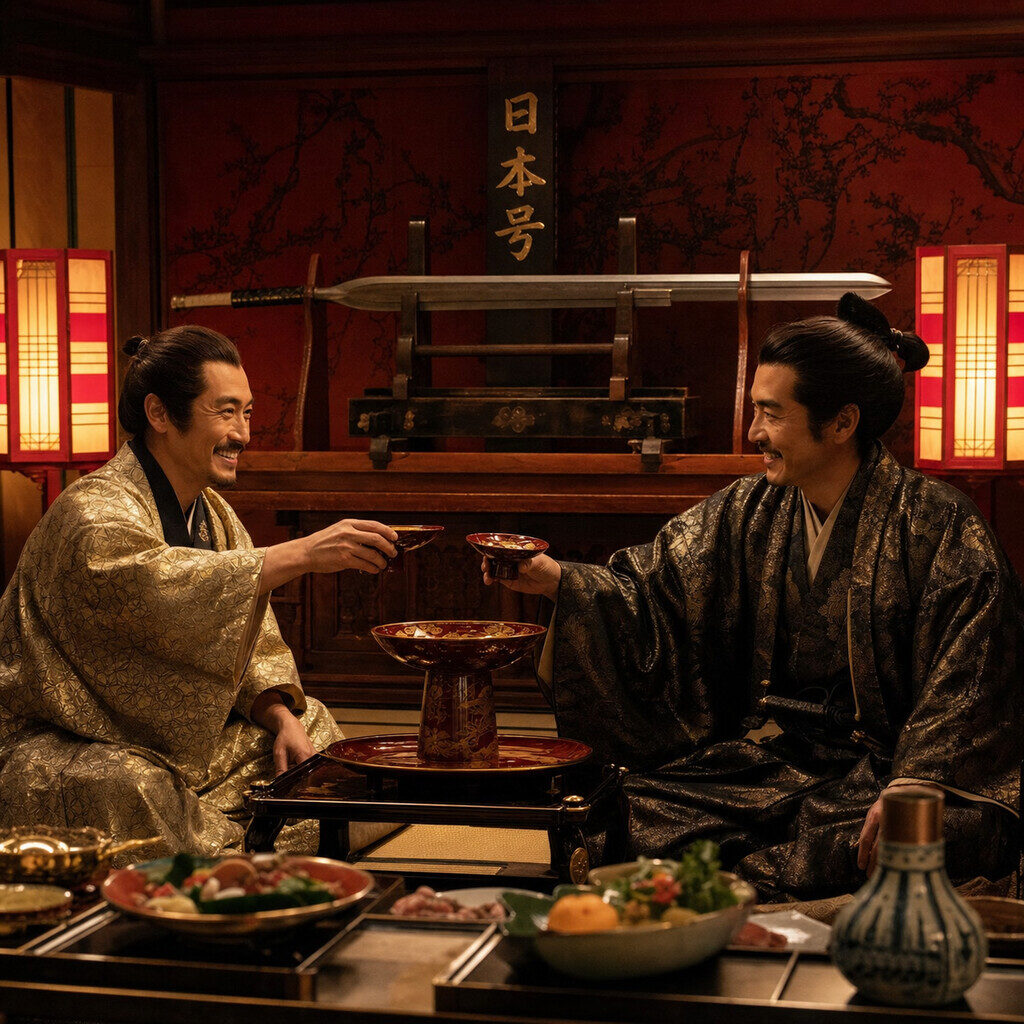 日本号呑取りの酒席(AI生成イメージ)