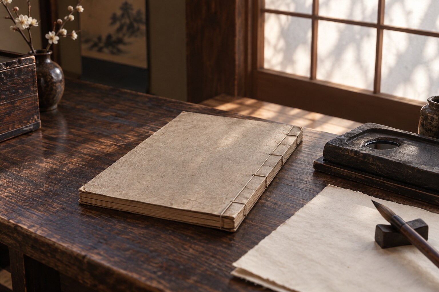 古い書物と硯の想像図。調査に用いた史料の現物ではない（AI生成イメージ）