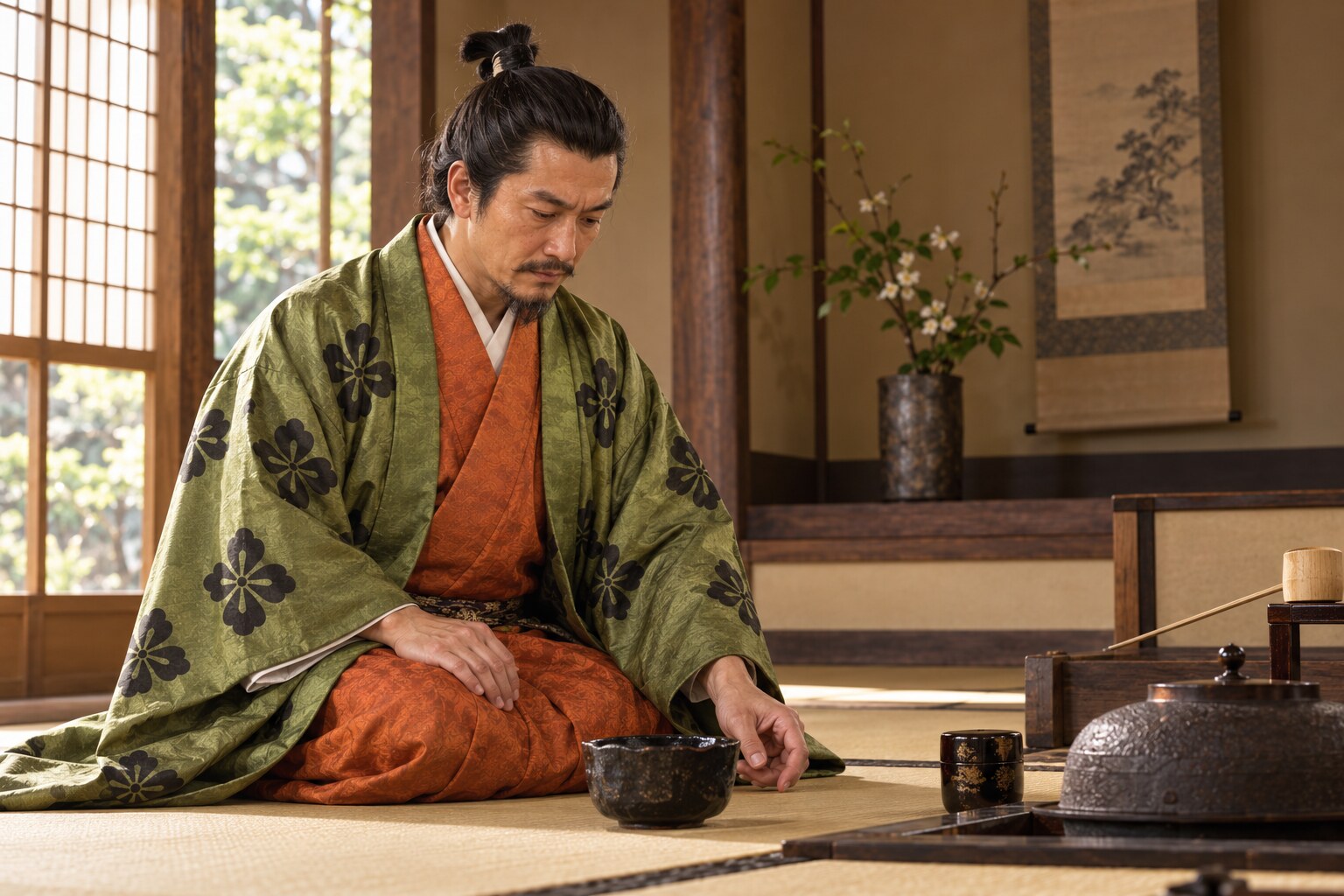 歪んだ黒い茶碗を取り合わせる織部のイメージ（AI生成イメージ）
