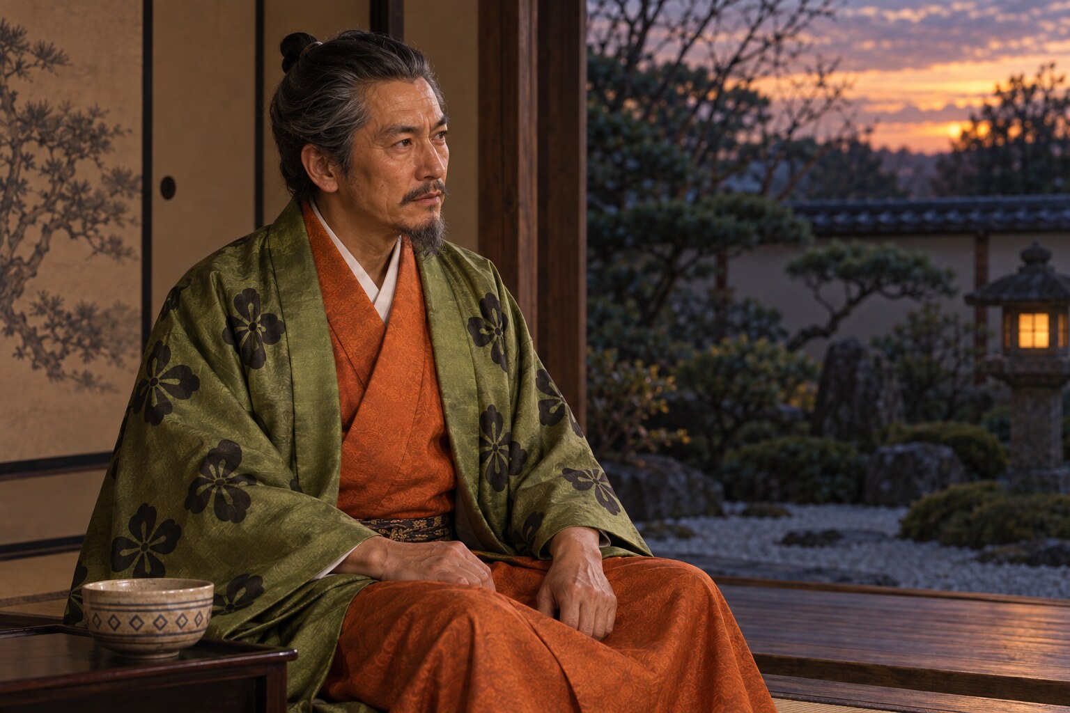 伏見の屋敷で庭へ目を向ける老年の織部の想像図（AI生成イメージ）