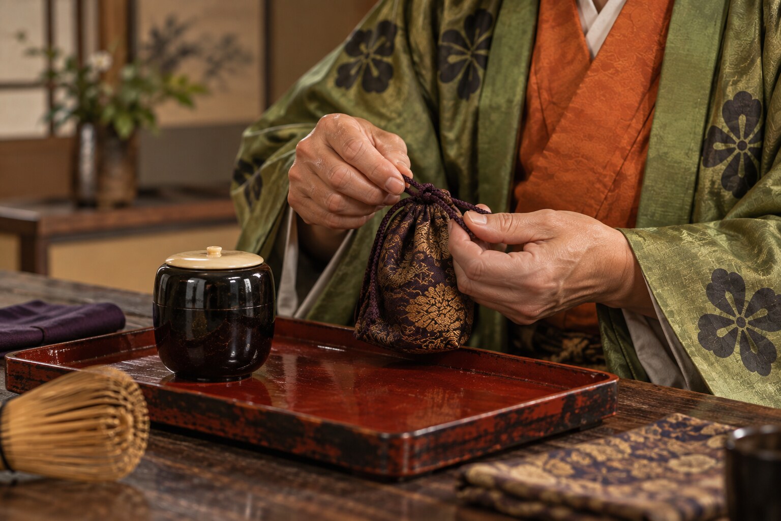 茶入と袋を点検する手元のイメージ。書状中の実物の復元ではない（AI生成イメージ）