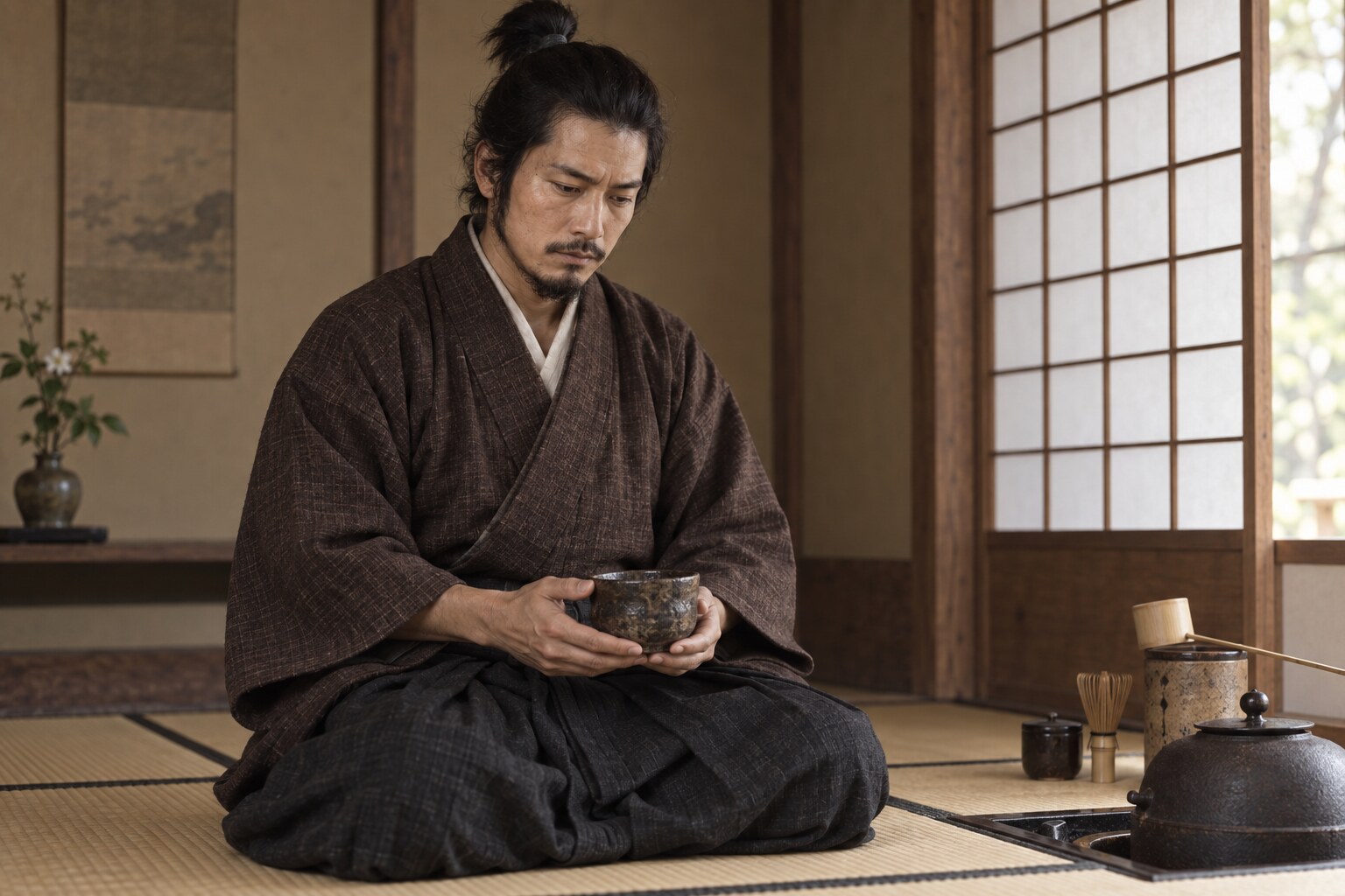 甲冑を解き、茶に向き合う氏郷の想像(AI生成イメージ)