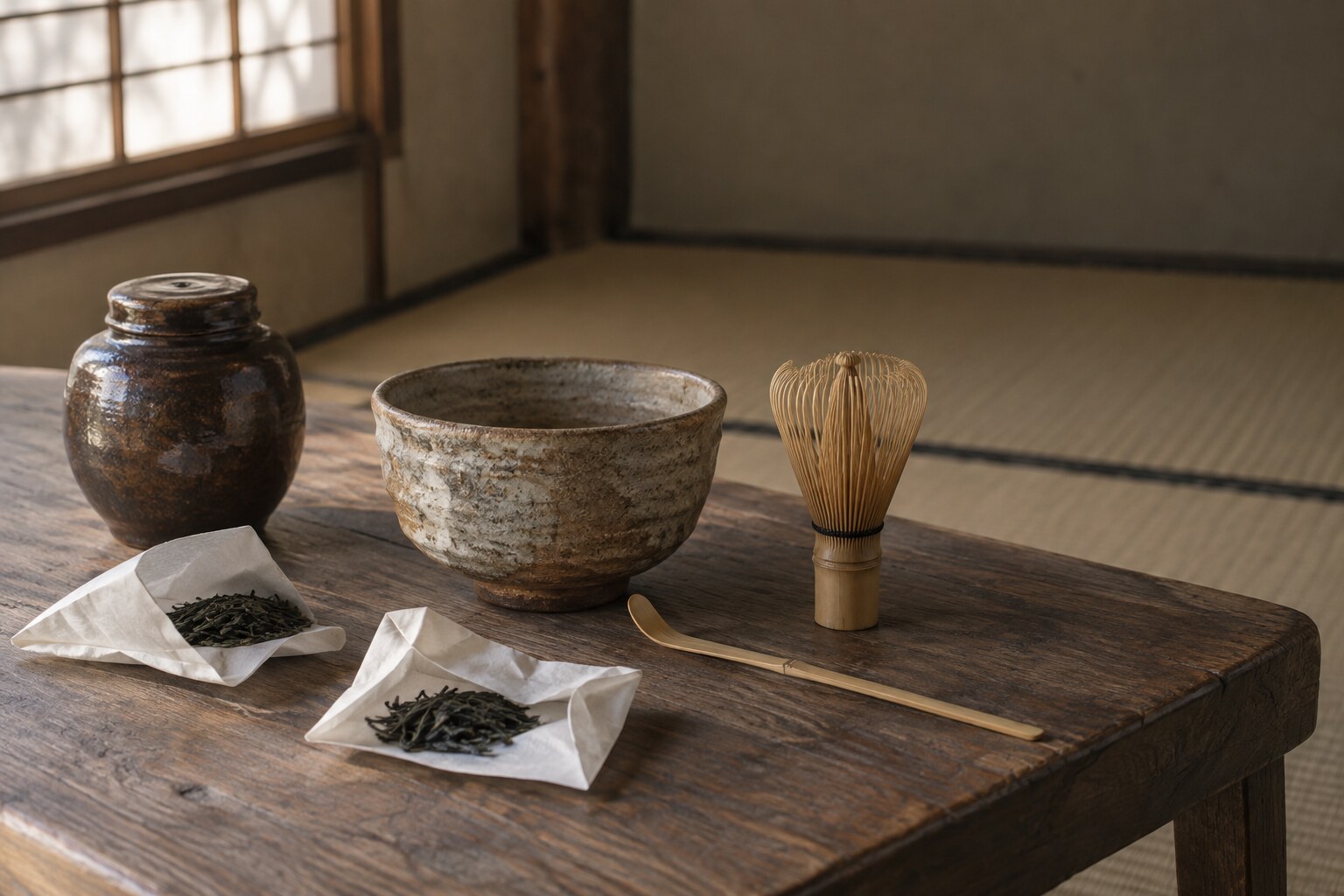 茶の調達を思わせる茶袋と道具の静物(史料原本の再現ではない)(AI生成イメージ)