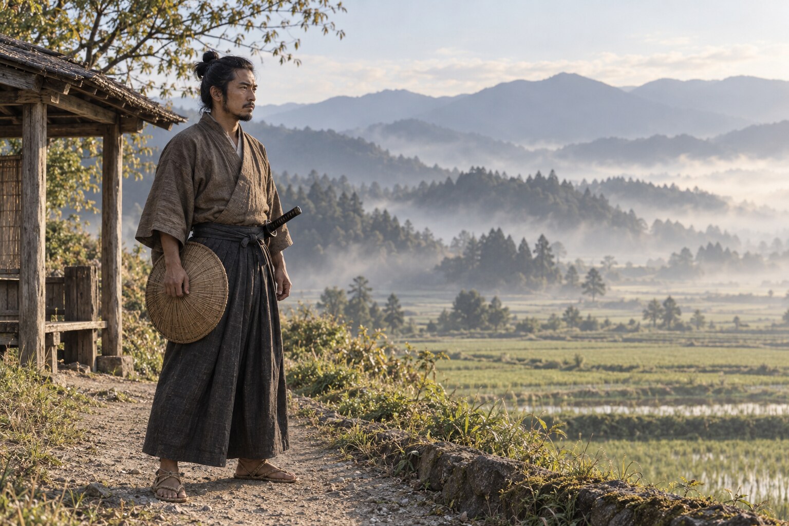 旅の途中で近江の山並みを望む氏郷の想像(AI生成イメージ)