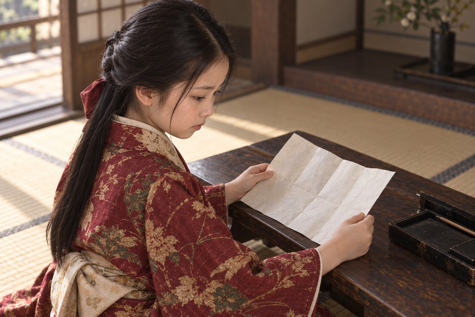 1582年頃、便りに目を向ける幼い豪姫の想像復元。書状を受け取った場面の記録ではない(AI生成イメージ)