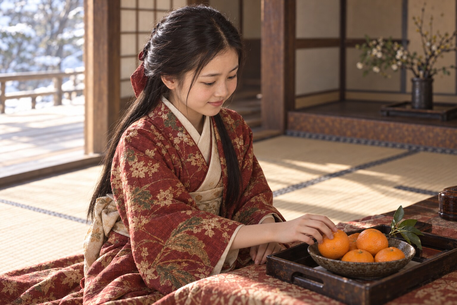 みかんを前にした豪姫の想像復元。秀吉の書状に関連する情景で、実際の受け渡しを再現したものではない(AI生成イメージ)