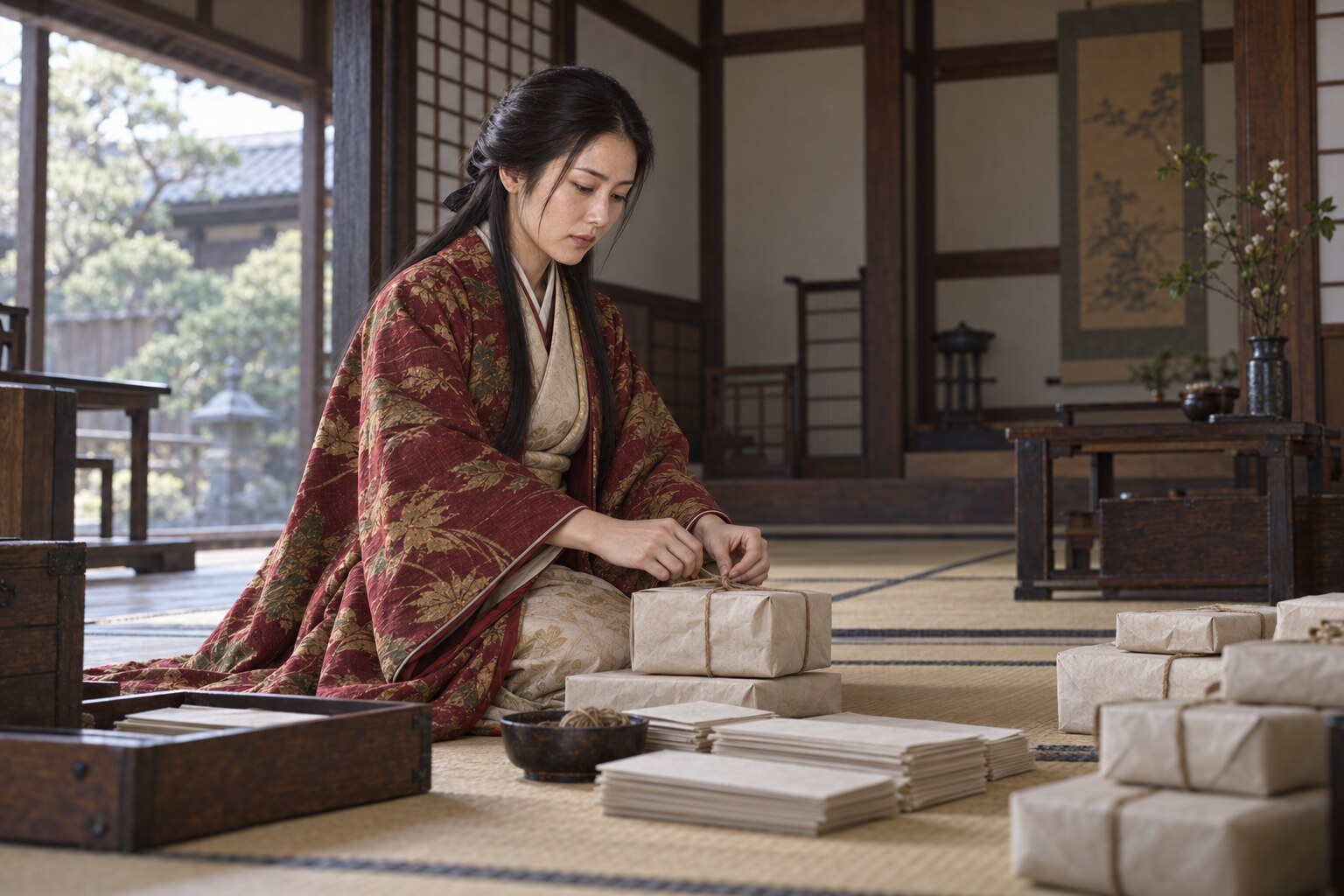 家族への便りを思わせる豪姫の想像復元。沢橋兵太夫への特定の命令場面を再現したものではない(AI生成イメージ)