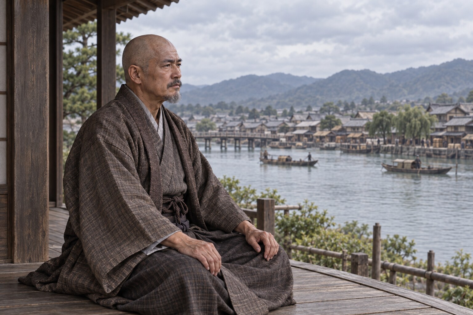 晩年の家政と川沿いの城下を描いた想像場面（AI生成イメージ）