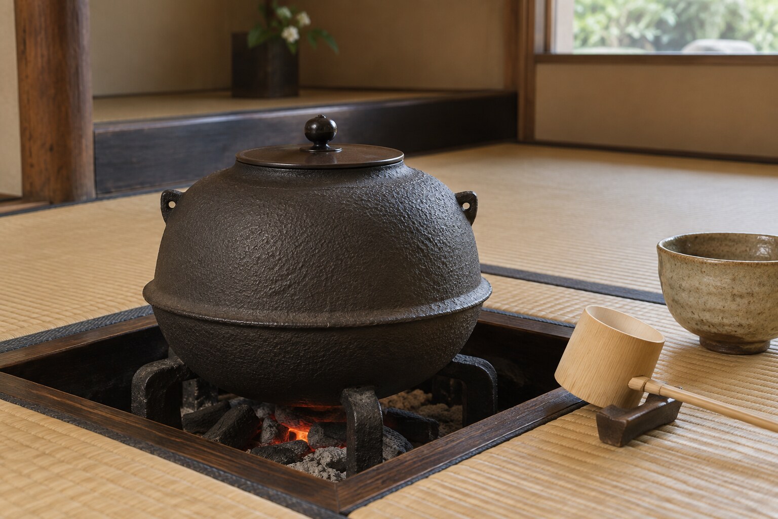 茶釜と茶道具のイメージ。書状中の実物の復元ではない（AI生成イメージ）