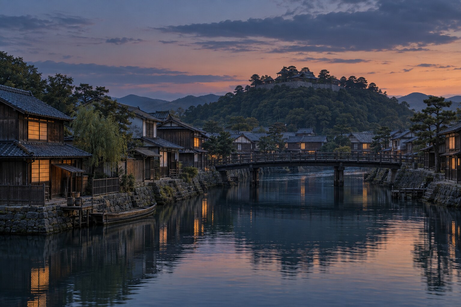 夕暮れの城下町の想像風景。築城祝賀の史実復元ではない（AI生成イメージ）