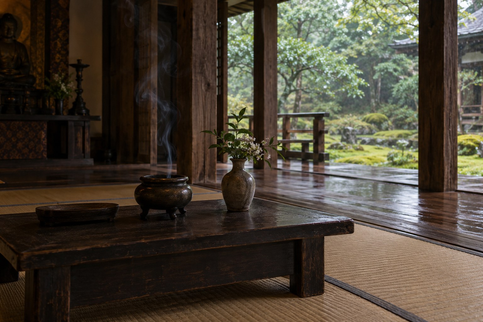 武家の追善を表現した静かな寺院のイメージ。実在の墓所や肖像画の再現ではない(AI生成イメージ)