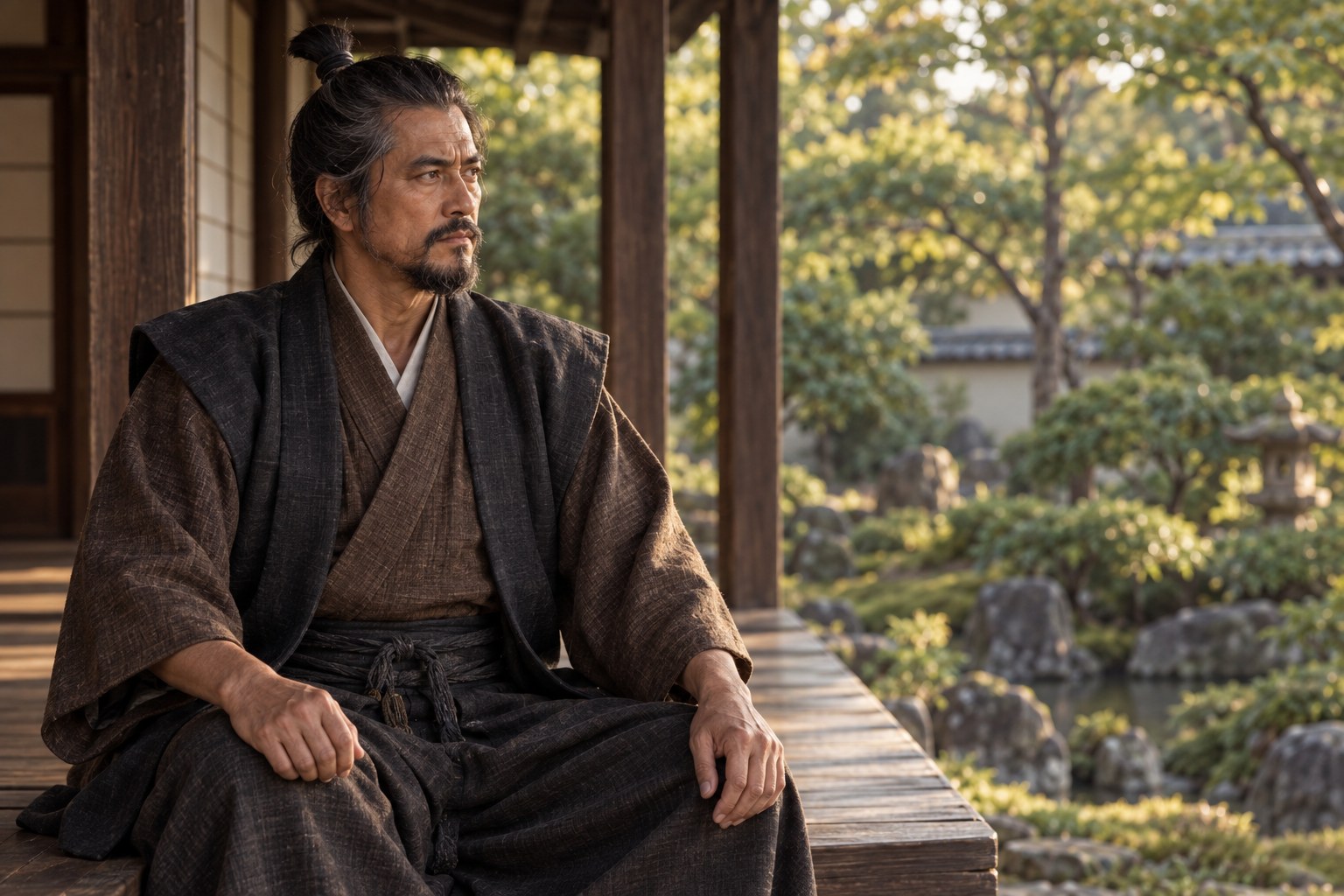 晩年の正勝を平服で表現したイメージ。徳島城博物館所蔵の正勝画像の複製ではない(AI生成イメージ)