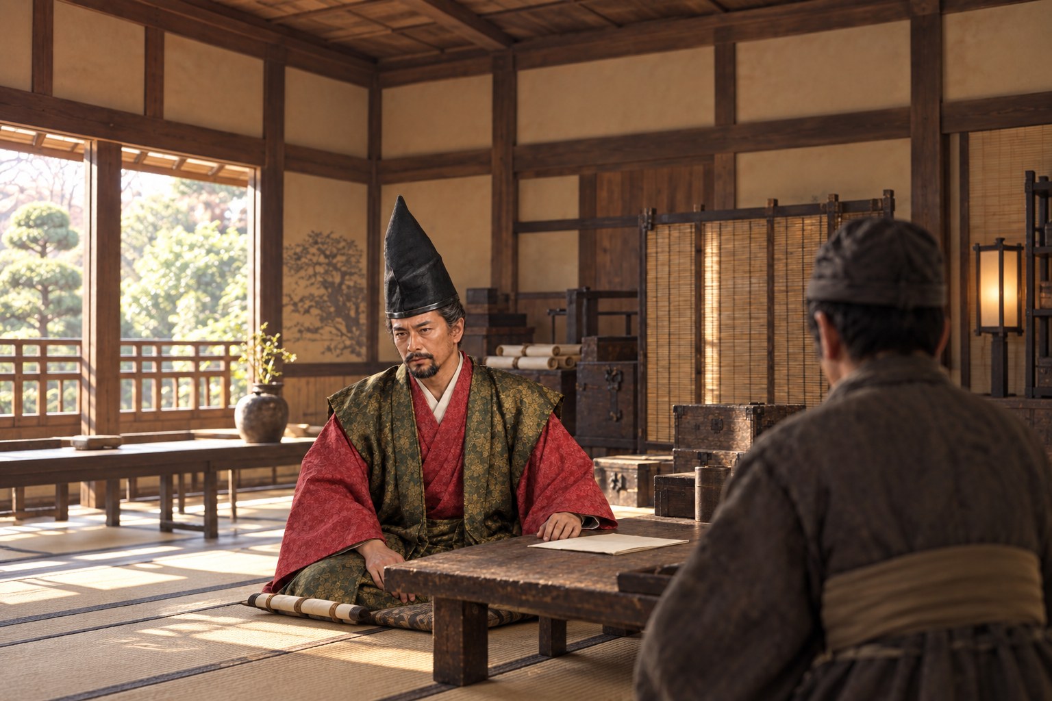 出陣の相談に臨む頼隆の想像図(AI生成イメージ)