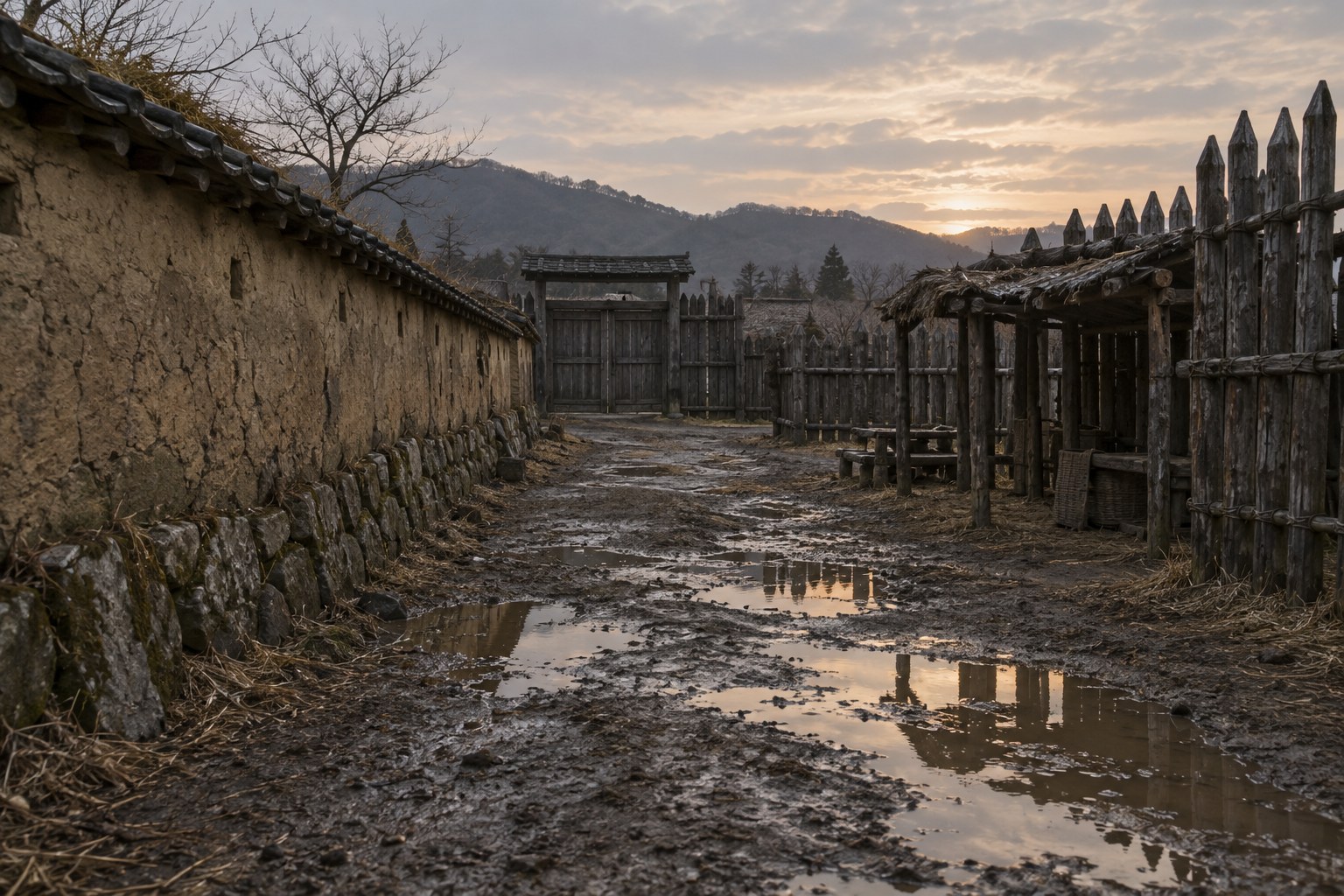 有岡をめぐる戦いを想起させる無人の土塀と陣跡(AI生成イメージ)