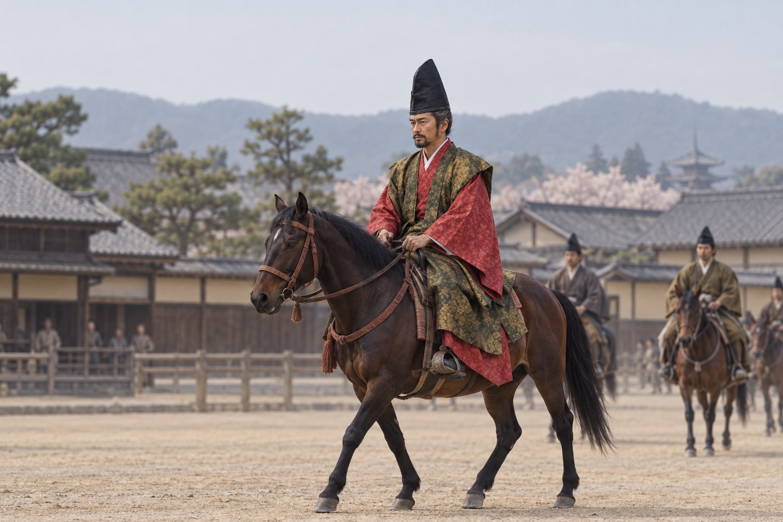 京都馬揃えを想起させる騎馬行列と頼隆の想像図(AI生成イメージ)