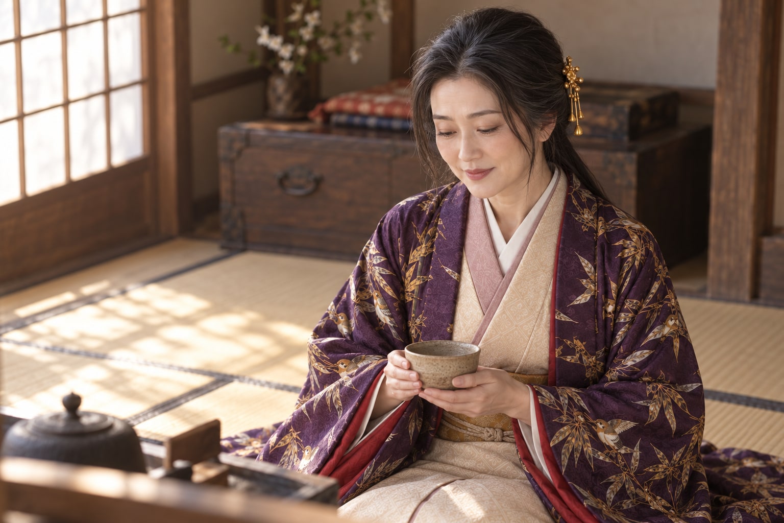 年齢を重ねた早川殿の日常を表す想像図。京都の特定の屋敷や行動の再現ではない（AI生成イメージ）