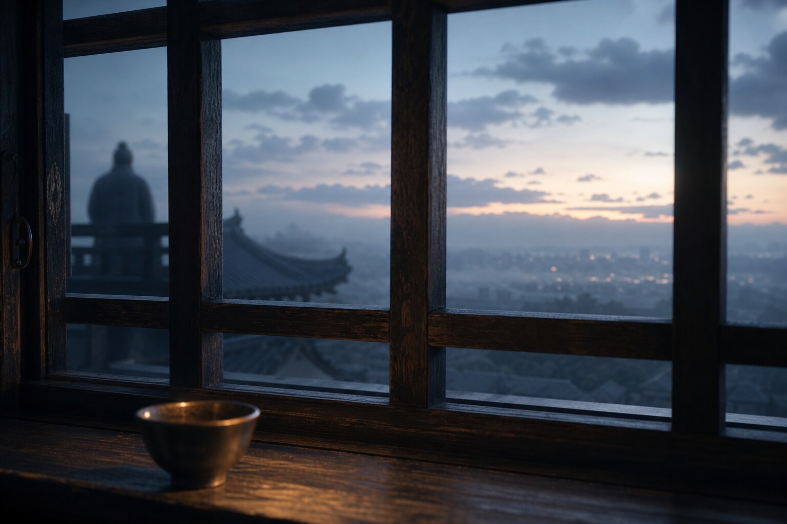 江戸城窓辺・西の空を見る老父（無人の窓景）（AI生成イメージ）