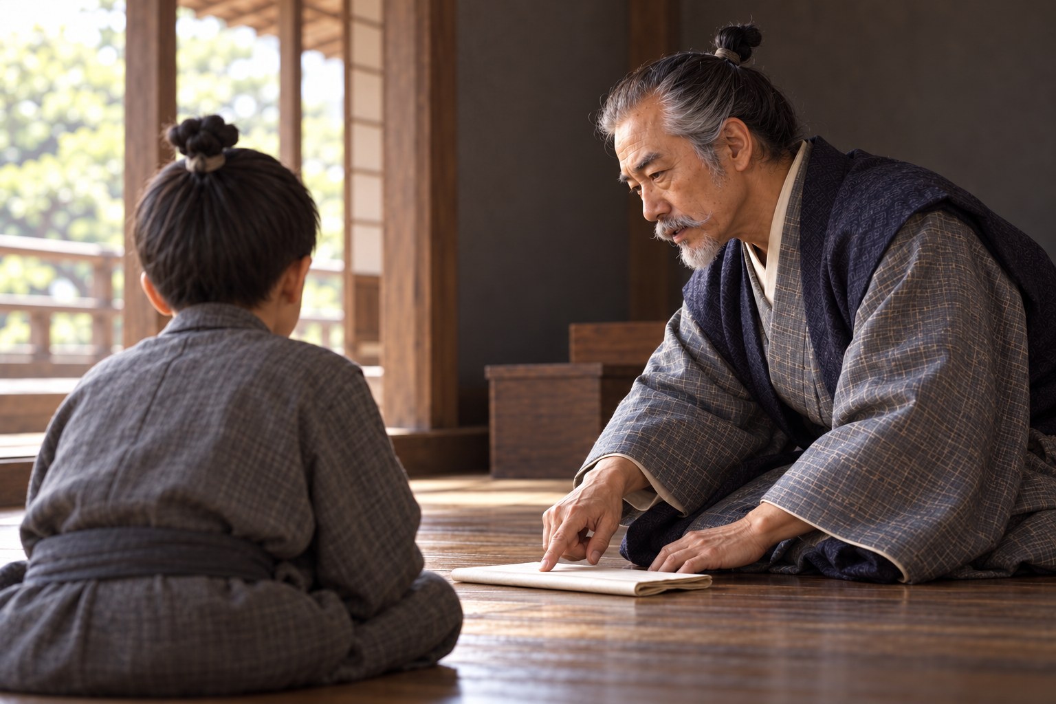幼い信長に向き合う政秀の想像場面（AI生成イメージ）