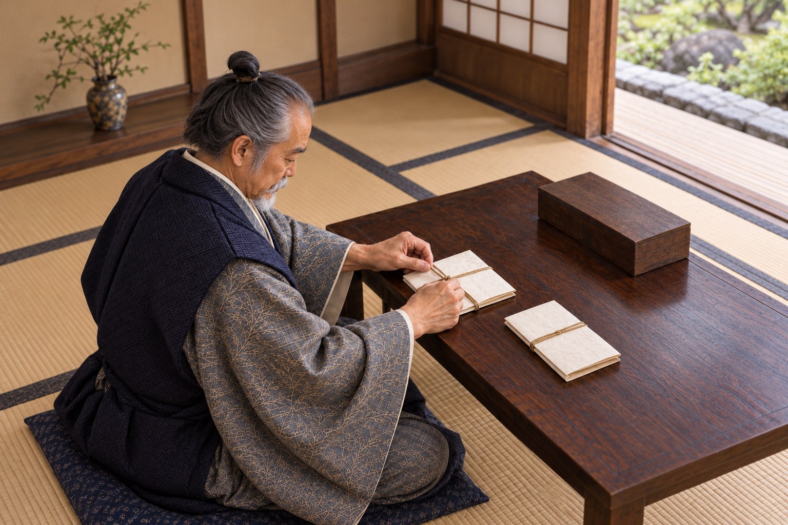 婚姻交渉の書状を整える政秀の想像場面（AI生成イメージ）