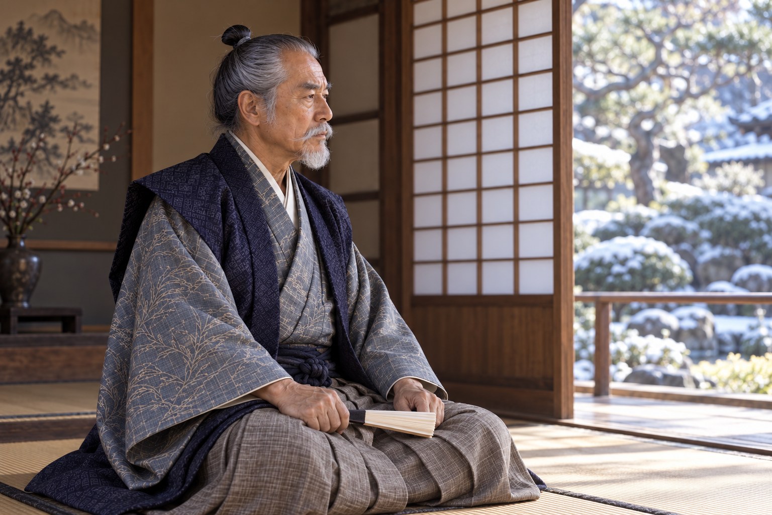 晩年の政秀が静かに座る想像場面。自害そのものは描いていない（AI生成イメージ）