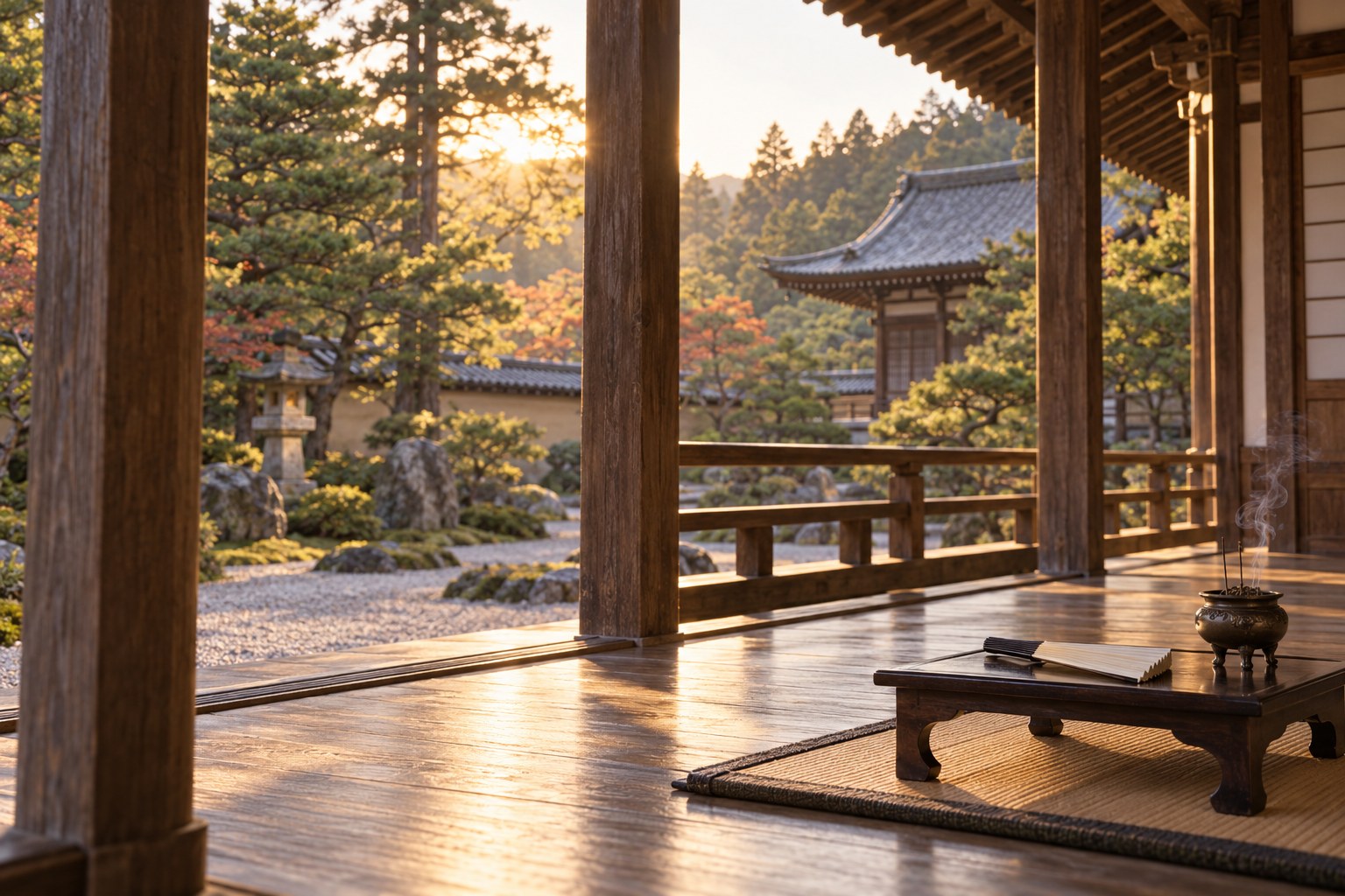 政秀を弔う寺をイメージした無人の情景。現存の政秀寺の再現ではない（AI生成イメージ）