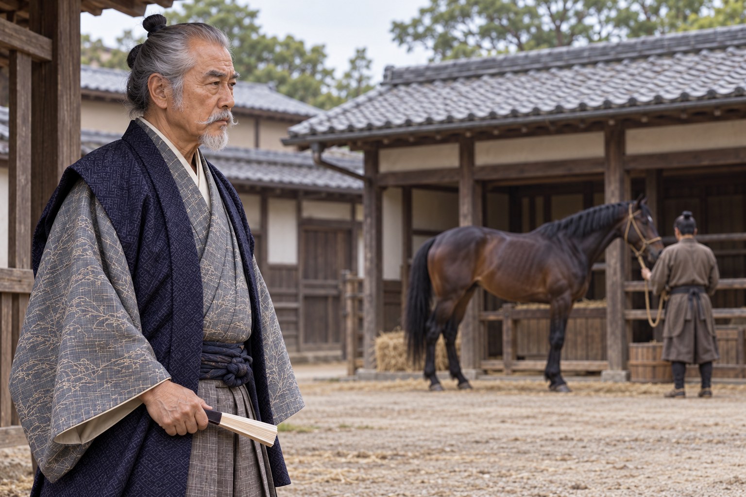 馬のいる厩を見つめる政秀の想像場面（AI生成イメージ）
